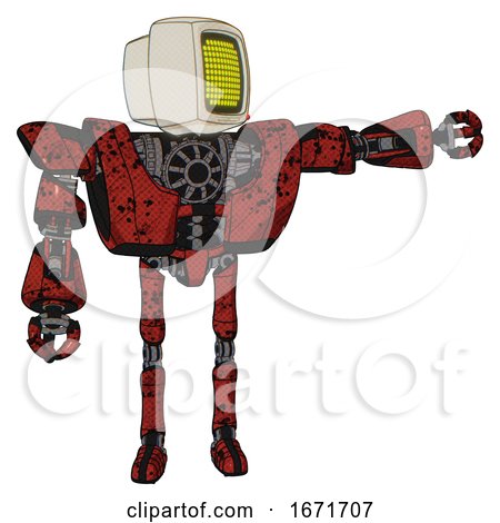 Cyborg Containing Old Computer Monitor and Yellow Circle Array Display and Heavy Upper Chest and Heavy Mech Chest and Ultralight Foot Exosuit. Grunge Dots Cherry Tomato Red. by Leo Blanchette