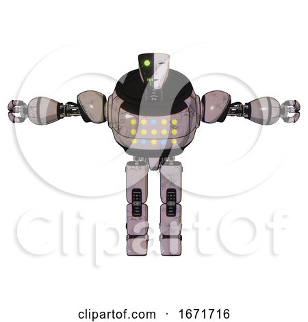 Robot Containing Humanoid Face Mask and Two-face Black White Mask and Heavy Upper Chest and Colored Lights Array and Prototype Exoplate Legs. Gray Metal. T-pose. by Leo Blanchette