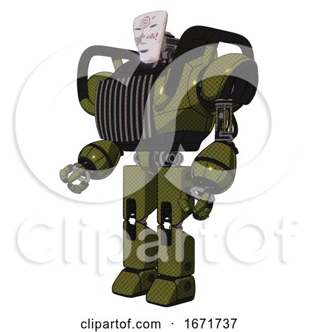 Bot Containing Humanoid Face Mask and Die Robots Graffiti Design and Heavy Upper Chest and Chest Vents and Prototype Exoplate Legs. Army Green Halftone. Facing Right View. by Leo Blanchette