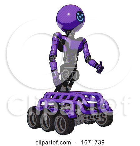 Mech Containing Dual Retro Camera Head and Small Happy Face Round Head and Light Chest Exoshielding and Ultralight Chest Exosuit and Six-wheeler Base. Secondary Purple Halftone. Facing Left View. by Leo Blanchette