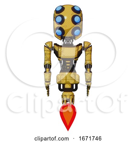 Droid Containing Round Head and Six Eye Array and Bug Eyes and Light Chest Exoshielding and Ultralight Chest Exosuit and Jet Propulsion. Construction Yellow Halftone. Front View. by Leo Blanchette