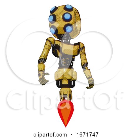 Droid Containing Round Head and Six Eye Array and Bug Eyes and Light Chest Exoshielding and Ultralight Chest Exosuit and Jet Propulsion. Construction Yellow Halftone. Hero Pose. by Leo Blanchette