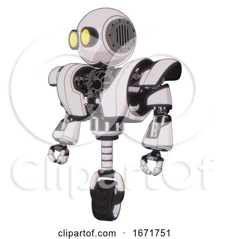 Automaton Containing Round Head and Large Yellow Eyes and Heavy Upper Chest and Heavy Mech Chest and Unicycle Wheel. White Halftone Toon. Standing Looking Right Restful Pose. by Leo Blanchette