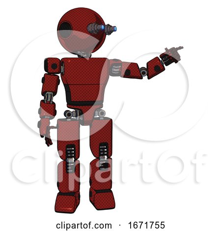 Android Containing Oval Wide Head and Telescopic Steampunk Eyes and Light Chest Exoshielding and Prototype Exoplate Chest and Prototype Exoplate Legs. Matted Red. Pointing Left or Pushing a Button.. by Leo Blanchette