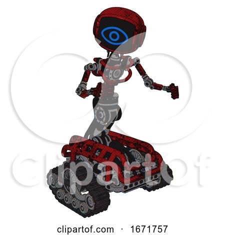 Bot Containing Digital Display Head and Large Eye and Light Chest Exoshielding and No Chest Plating and Tank Tracks. Grunge Dots Dark Red. Fight or Defense Pose.. by Leo Blanchette