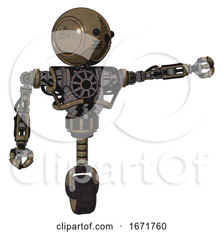 Robot Containing Round Head and Heavy Upper Chest and No Chest Plating and Unicycle Wheel and Cat Face. Desert Tan Painted. Pointing Left or Pushing a Button.. by Leo Blanchette