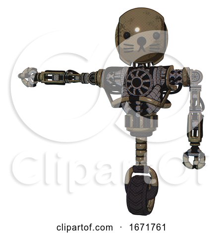 Robot Containing Round Head and Heavy Upper Chest and No Chest Plating and Unicycle Wheel and Cat Face. Desert Tan Painted. Arm out Holding Invisible Object.. by Leo Blanchette