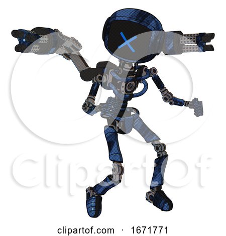 Android Containing Digital Display Head and X Face and Light Chest Exoshielding and Minigun Back Assembly and No Chest Plating and Ultralight Foot Exosuit. Grunge Dark Blue. Fight or Defense Pose.. by Leo Blanchette