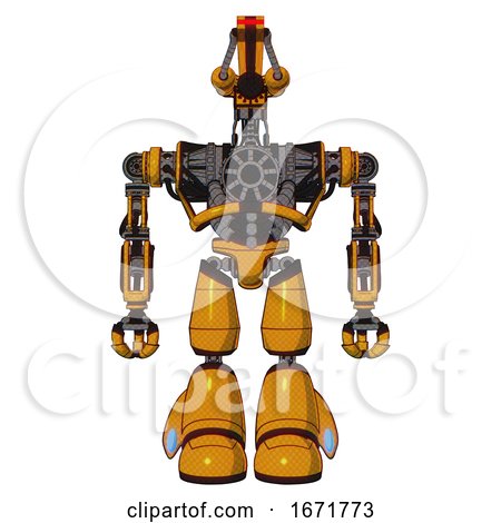 Automaton Containing Dual Retro Camera Head and Laser Gun Head and Heavy Upper Chest and No Chest Plating and Light Leg Exoshielding. Primary Yellow Halftone. Front View. by Leo Blanchette