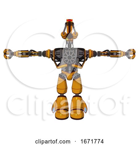 Automaton Containing Dual Retro Camera Head and Laser Gun Head and Heavy Upper Chest and No Chest Plating and Light Leg Exoshielding. Primary Yellow Halftone. T-pose. by Leo Blanchette