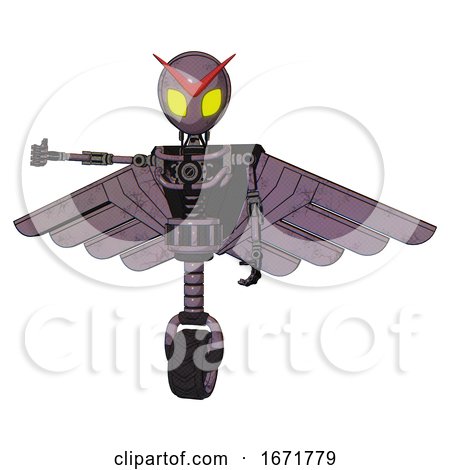Cyborg Containing Grey Alien Style Head and Yellow Eyes and Light Chest Exoshielding and Pilot's Wings Assembly and No Chest Plating and Unicycle Wheel. Lilac Metal. Arm out Holding Invisible Object.. by Leo Blanchette
