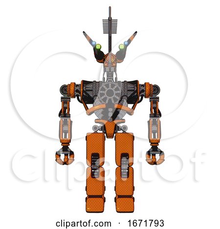 Automaton Containing Dual Retro Camera Head and Communications Array Head and Heavy Upper Chest and No Chest Plating and Prototype Exoplate Legs. Secondary Orange Halftone. Front View. by Leo Blanchette