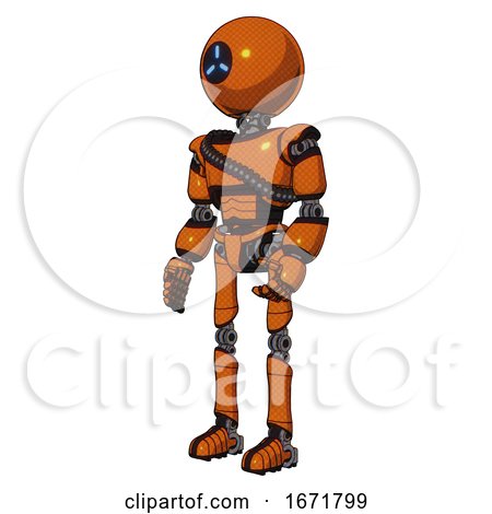 Automaton Containing Dual Retro Camera Head and Three-dash Cyclops Round Head and Light Chest Exoshielding and Rubber Chain Sash and Ultralight Foot Exosuit. Secondary Orange Halftone. by Leo Blanchette
