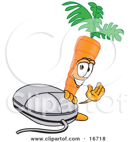 Clipart Picture of an Orange Carrot Mascot Cartoon Character Waving While Standing by a Computer Mouse by Mascot Junction