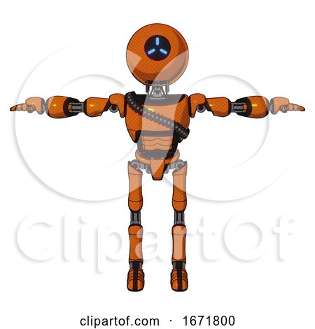 Automaton Containing Dual Retro Camera Head and Three-dash Cyclops Round Head and Light Chest Exoshielding and Rubber Chain Sash and Ultralight Foot Exosuit. Secondary Orange Halftone. T-pose. by Leo Blanchette