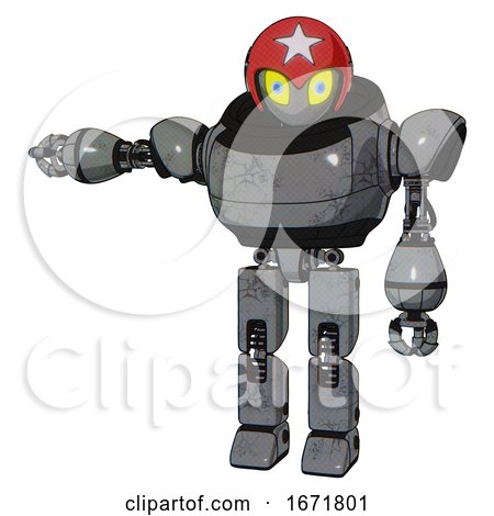 Bot Containing Grey Alien Style Head and Yellow Eyes with Blue Pupils and Stars and Red Helmet and Heavy Upper Chest and Prototype Exoplate Legs. Patent Concrete Gray Metal. by Leo Blanchette
