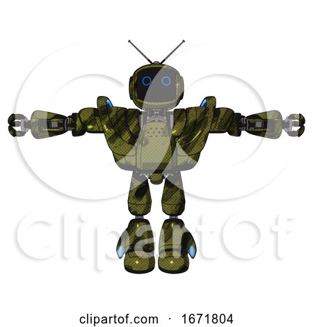 Automaton Containing Digital Display Head and Circle Eyes and Retro Antennas and Heavy Upper Chest and Heavy Mech Chest and Battle Mech Chest and Light Leg Exoshielding. Grunge Army Green. T-pose. by Leo Blanchette