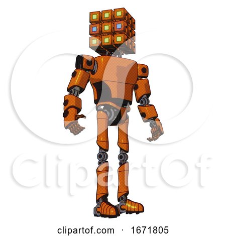 Automaton Containing Dual Retro Camera Head and Cube Array Head and Light Chest Exoshielding and Prototype Exoplate Chest and Ultralight Foot Exosuit. Secondary Orange Halftone. Hero Pose. by Leo Blanchette