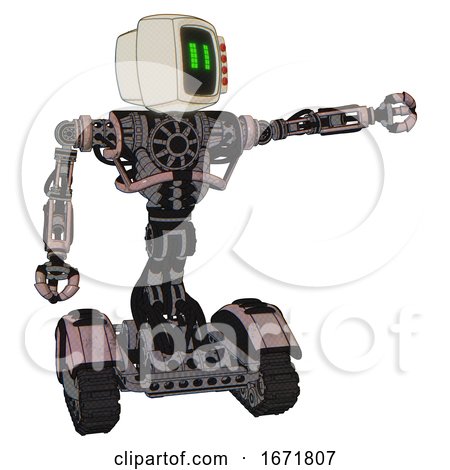 Bot Containing Old Computer Monitor and Pixel Line Eyes and Red Buttons and Heavy Upper Chest and No Chest Plating and Tank Tracks. Powder Pink Metal. Pointing Left or Pushing a Button.. by Leo Blanchette