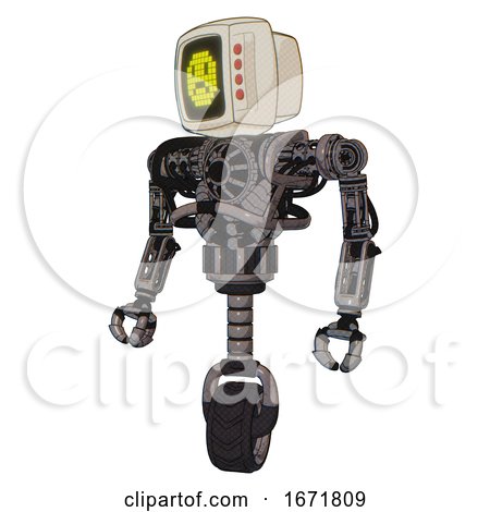 Droid Containing Old Computer Monitor and Yellow Sad Pixel Face and Red Buttons and Heavy Upper Chest and No Chest Plating and Unicycle Wheel. Light Pink Beige. Standing Looking Right Restful Pose. by Leo Blanchette