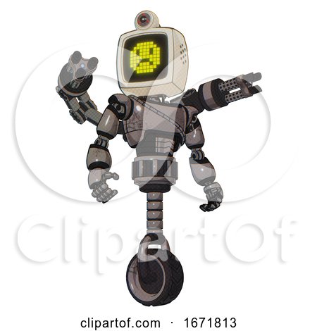 Automaton Containing Old Computer Monitor and Yellow Sad Pixel Face and Retro-futuristic Webcam and Light Chest Exoshielding and Cable Sash and Minigun Back Assembly and Unicycle Wheel. by Leo Blanchette