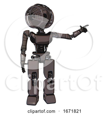 Android Containing Oval Wide Head and Barbed Wire Cage Helmet and Light Chest Exoshielding and Ultralight Chest Exosuit and Prototype Exoplate Legs. Light Brown. Pointing Left or Pushing a Button.. by Leo Blanchette