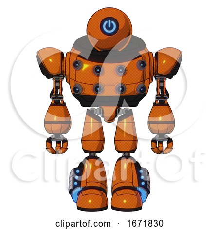 Cyborg Containing Dual Retro Camera Head and Power Symbol Head and Heavy Upper Chest and Chest Energy Sockets and Light Leg Exoshielding and Megneto-hovers Foot Mod. Secondary Orange Halftone. by Leo Blanchette