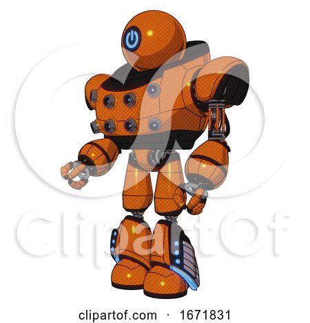 Cyborg Containing Dual Retro Camera Head and Power Symbol Head and Heavy Upper Chest and Chest Energy Sockets and Light Leg Exoshielding and Megneto-hovers Foot Mod. Secondary Orange Halftone. by Leo Blanchette