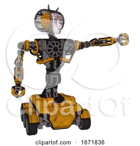 Bot Containing Humanoid Face Mask and Die Robots Graffiti Design and Heavy Upper Chest and No Chest Plating and Six-wheeler Base. Worn Construction Yellow. Pointing Left or Pushing a Button.. by Leo Blanchette
