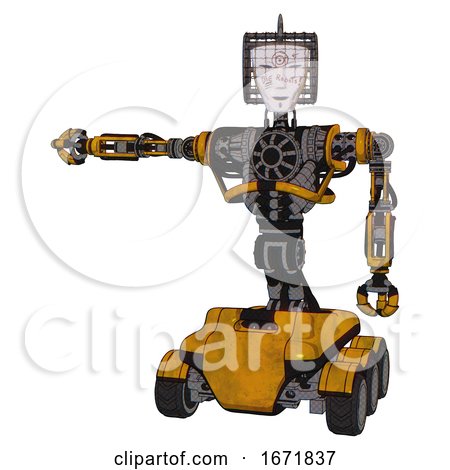 Bot Containing Humanoid Face Mask and Die Robots Graffiti Design and Heavy Upper Chest and No Chest Plating and Six-wheeler Base. Worn Construction Yellow. Arm out Holding Invisible Object.. by Leo Blanchette