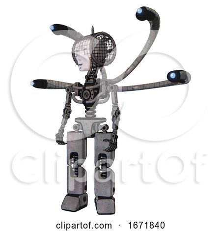 Bot Containing Humanoid Face Mask and Spiral Design and Light Chest Exoshielding and Blue-eye Cam Cable Tentacles and No Chest Plating and Prototype Exoplate Legs. Unpainted Metal. by Leo Blanchette