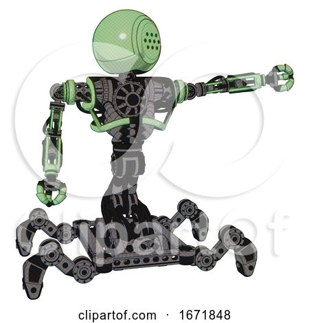 Bot Containing Dots Array Face and Heavy Upper Chest and No Chest Plating and Insect Walker Legs. Green Tint Toon. Pointing Left or Pushing a Button.. by Leo Blanchette