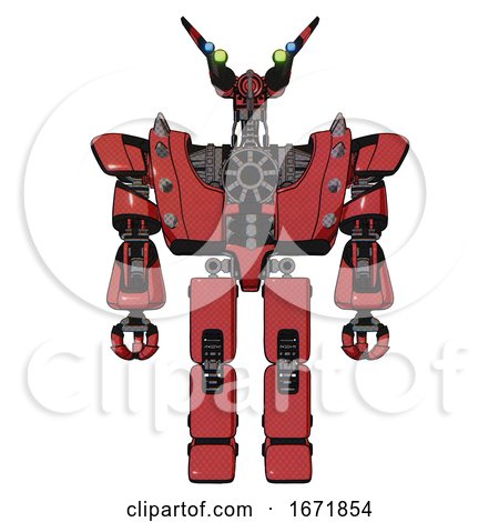 Automaton Containing Dual Retro Camera Head and Communications Array Head and Heavy Upper Chest and Heavy Mech Chest and Shoulder Spikes and Prototype Exoplate Legs. Primary Red Halftone. Front View. by Leo Blanchette