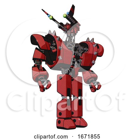 Automaton Containing Dual Retro Camera Head and Communications Array Head and Heavy Upper Chest and Heavy Mech Chest and Shoulder Spikes and Prototype Exoplate Legs. Primary Red Halftone. Hero Pose. by Leo Blanchette