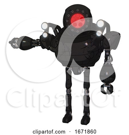 Bot Containing Round Head and Red Laser Crystal Array and Heavy Upper Chest and Shoulder Headlights and Ultralight Foot Exosuit. Toon Black Scribbles Sketch. Arm out Holding Invisible Object.. by Leo Blanchette