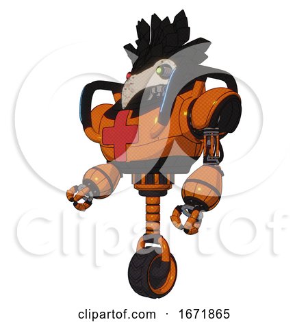 Droid Containing Bird Skull Head and Yellow and Green Scope Eyes and Crow Feather Design and Heavy Upper Chest and First Aid Chest Symbol and Blue Strip Lights and Unicycle Wheel. by Leo Blanchette
