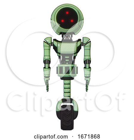 Droid Containing Three Led Eyes Round Head and Light Chest Exoshielding and Ultralight Chest Exosuit and Unicycle Wheel. Green Tint Toon. Front View. by Leo Blanchette