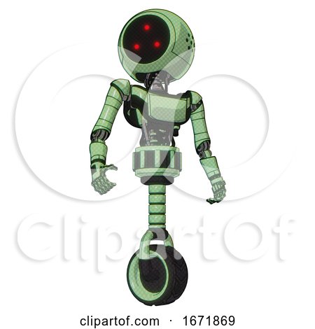 Droid Containing Three Led Eyes Round Head and Light Chest Exoshielding and Ultralight Chest Exosuit and Unicycle Wheel. Green Tint Toon. Hero Pose. by Leo Blanchette