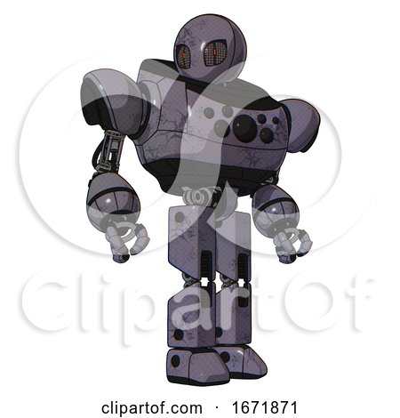 Mech Containing Grey Alien Style Head and Metal Grate Eyes and Heavy Upper Chest and Chest Compound Eyes and Prototype Exoplate Legs. Light Lavender Metal. Hero Pose. by Leo Blanchette