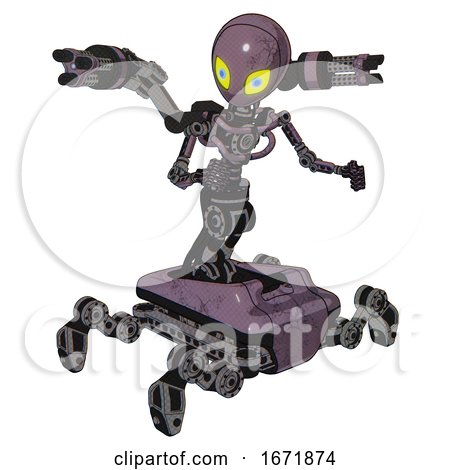 Android Containing Grey Alien Style Head and Yellow Eyes with Blue Pupils and Light Chest Exoshielding and Minigun Back Assembly and No Chest Plating and Insect Walker Legs. Lilac Metal. by Leo Blanchette