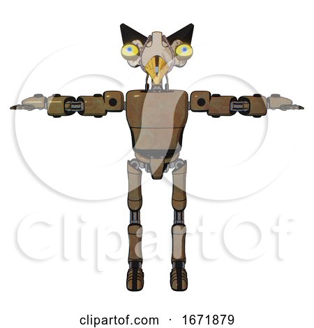 Bot Containing Bird Skull Head and Big Yellow Eyes and Robobeak Design and Light Chest Exoshielding and Prototype Exoplate Chest and Ultralight Foot Exosuit. Old Copper. T-pose. by Leo Blanchette