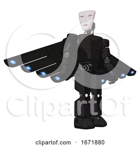 Robot Containing Humanoid Face Mask and Light Chest Exoshielding and Prototype Exoplate Chest and Cherub Wings Design and Prototype Exoplate Legs. Clean Black. Hero Pose. by Leo Blanchette