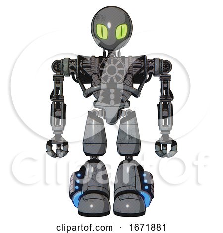 Mech Containing Grey Alien Style Head and Cat's Eyes and Heavy Upper Chest and No Chest Plating and Light Leg Exoshielding and Megneto-hovers Foot Mod. Patent Concrete Gray Metal. Front View. by Leo Blanchette