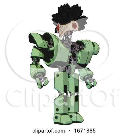 Automaton Containing Bird Skull Head and Red Led Circle Eyes and Crow Feather Design and Heavy Upper Chest and Heavy Mech Chest and Prototype Exoplate Legs. Green Tint Toon. Hero Pose. by Leo Blanchette