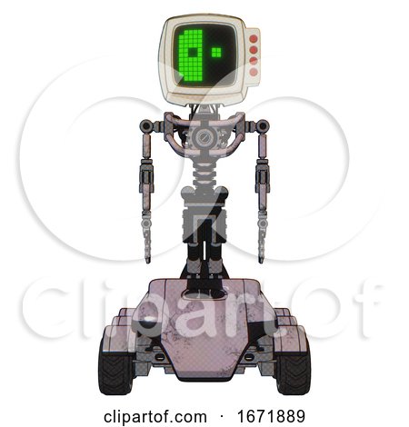 Bot Containing Old Computer Monitor and Abstract Mask Pixel Face and Red Buttons and Light Chest Exoshielding and No Chest Plating and Six-wheeler Base. Gray Metal. Front View. by Leo Blanchette