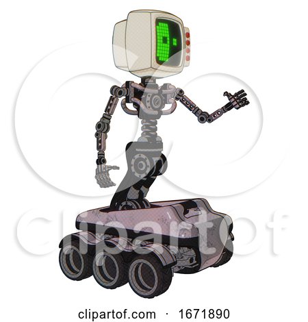 Bot Containing Old Computer Monitor and Abstract Mask Pixel Face and Red Buttons and Light Chest Exoshielding and No Chest Plating and Six-wheeler Base. Gray Metal. Interacting. by Leo Blanchette