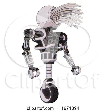 Bot Containing Round Fiber Optic Connectors Head and Heavy Upper Chest and No Chest Plating and Unicycle Wheel. White Halftone Toon. Facing Left View. by Leo Blanchette