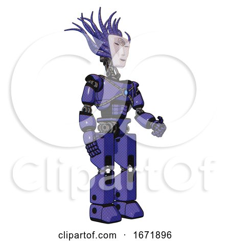 Android Containing Humanoid Face Mask and Spiral Design and Light Chest Exoshielding and Blue Energy Core and Prototype Exoplate Legs. Primary Blue Halftone. Facing Left View. by Leo Blanchette