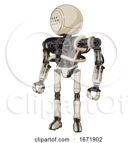 Android Containing Dots Array Face and Heavy Upper Chest and No Chest Plating and Ultralight Foot Exosuit. off White Toon. Standing Looking Right Restful Pose. by Leo Blanchette