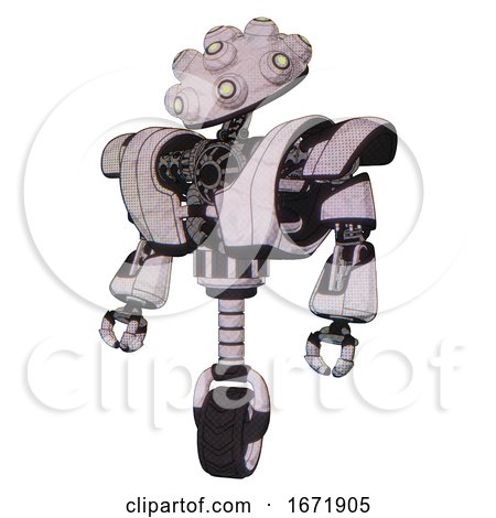 Automaton Containing Techno Multi-eyed Domehead Design and Heavy Upper Chest and Heavy Mech Chest and Unicycle Wheel. Sketch Pad Dots Pattern. Standing Looking Right Restful Pose. by Leo Blanchette